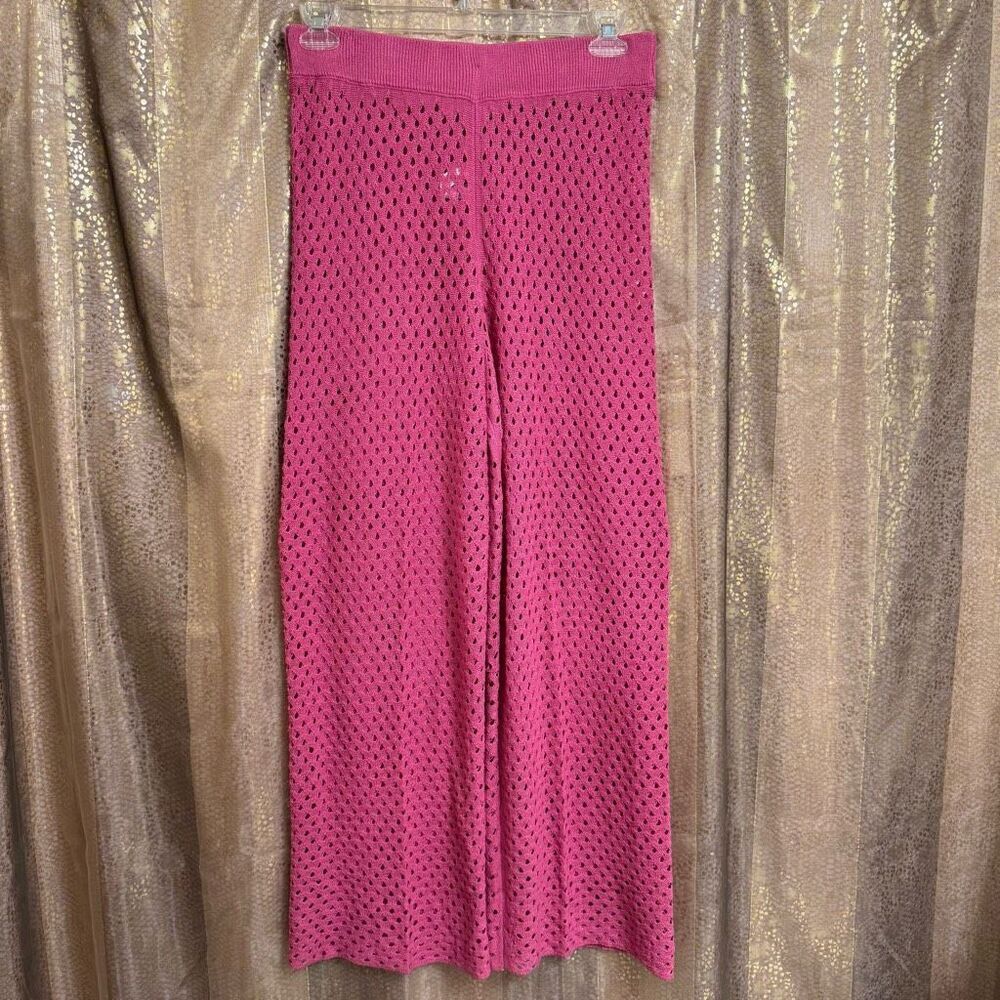 Free People Beach Sola Fiji Hot Pink Open Knit Wide Leg Pants Medium NWOT